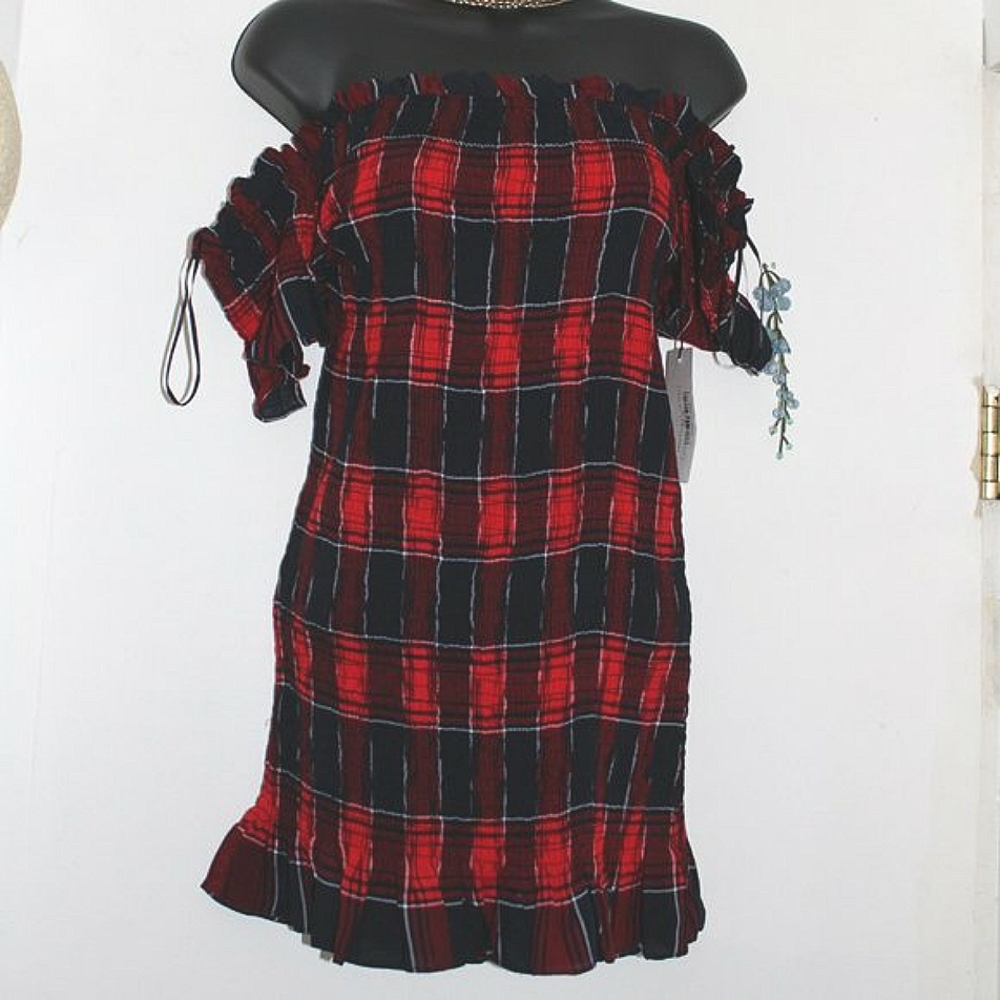 Red & Black Plaid Mini Dress Off the shoulder